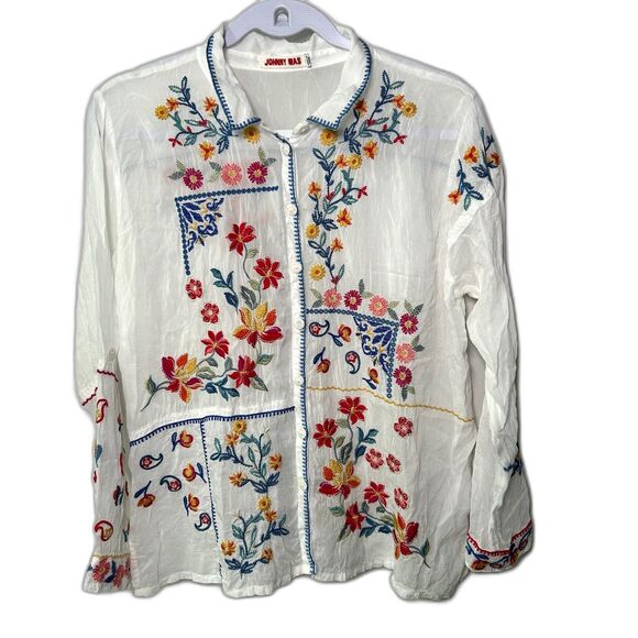 Johnny Was Zodea Almeria White Embroidered Button Front Top PL - Picture 3 of 13